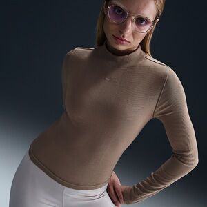 Nike Sportswear, Ribbed Mock Neck Long Sleeve Top, Mink Brown, Small